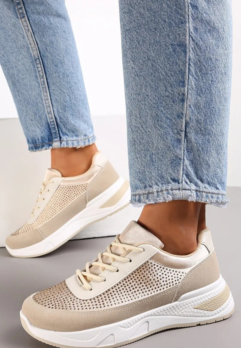 Beżowe Sneakersy z Drobnymi Cyrkoniami Hinekle