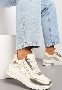 Beżowe Sneakersy z Ekoskóry z Połyskującymi Detalami i Ozdobnym Zamkiem Raviles