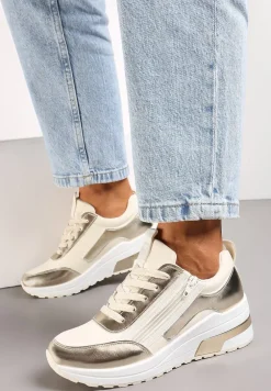 Beżowe Sneakersy z Ekoskóry z Połyskującymi Detalami i Ozdobnym Zamkiem Raviles