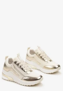 Beżowe Sneakersy z Ekoskóry z Połyskującymi Detalami i Ozdobnym Zamkiem Raviles