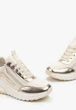 Beżowe Sneakersy z Ekoskóry z Połyskującymi Detalami i Ozdobnym Zamkiem Raviles