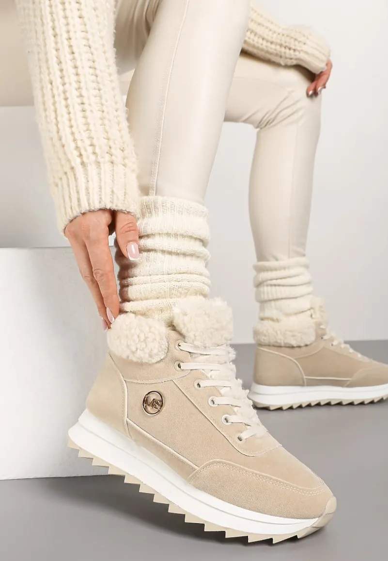 Beżowe Sneakersy z Ekozamszu z Futrzaną Wyściółką Etaylla