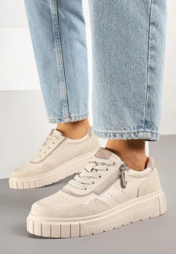 Beżowe Sneakersy z Naturalnej Skóry na Grubej Podeszwie z Suwakiem Soravelle