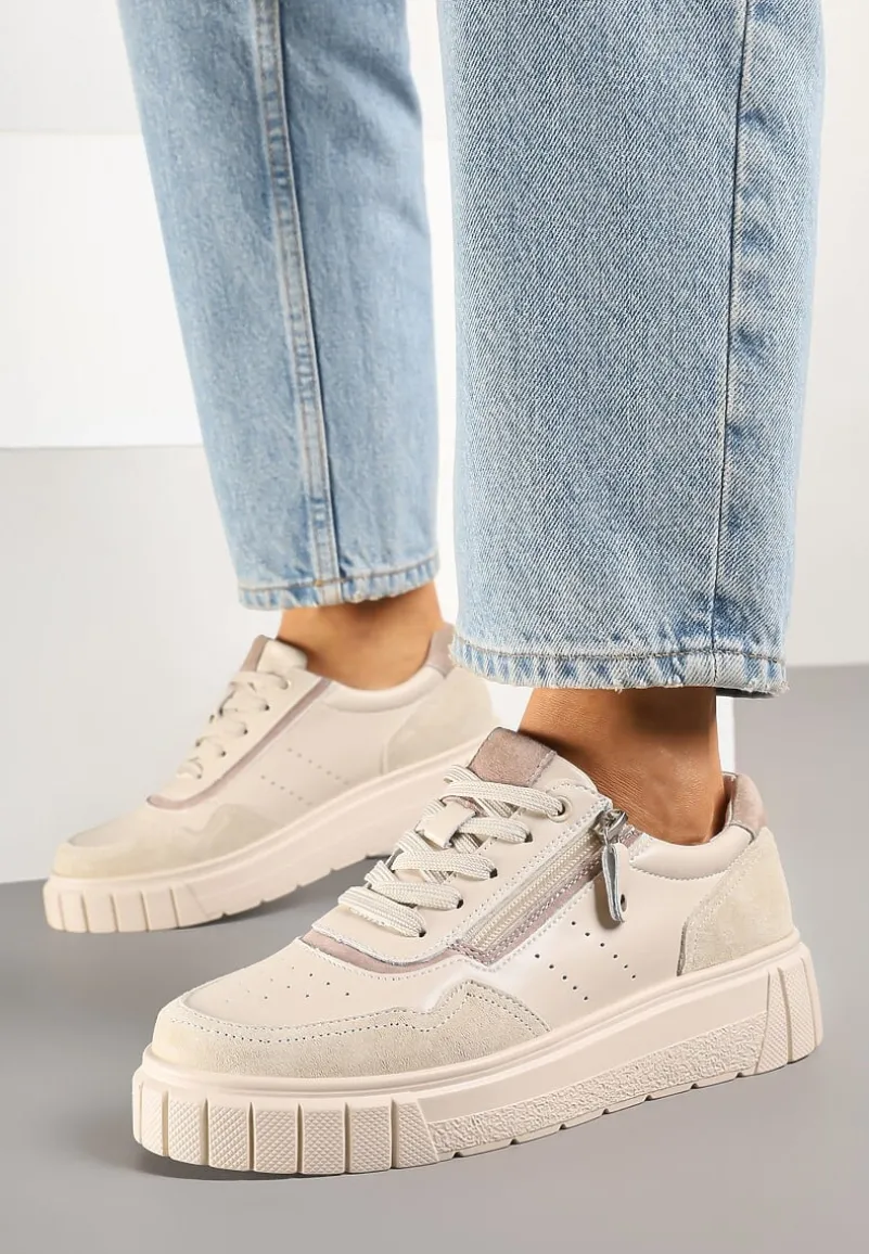 Beżowe Sneakersy z Naturalnej Skóry na Grubej Podeszwie z Suwakiem Soravelle
