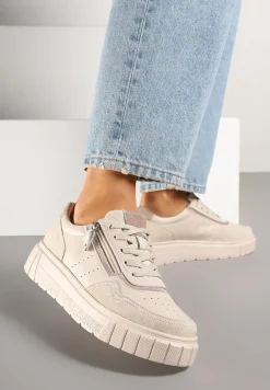 Beżowe Sneakersy z Naturalnej Skóry na Grubej Podeszwie z Suwakiem Soravelle