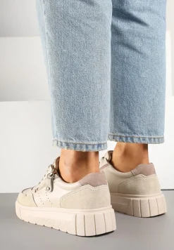 Beżowe Sneakersy z Naturalnej Skóry na Grubej Podeszwie z Suwakiem Soravelle