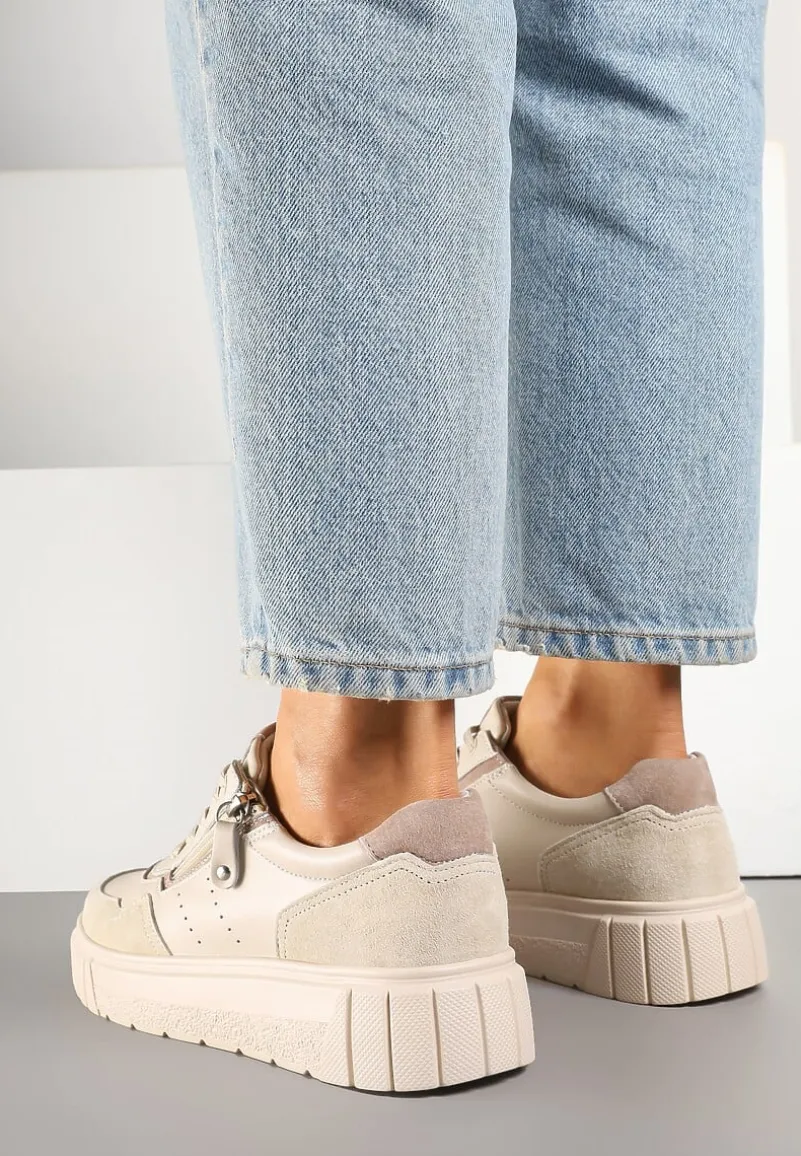 Beżowe Sneakersy z Naturalnej Skóry na Grubej Podeszwie z Suwakiem Soravelle