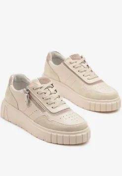 Beżowe Sneakersy z Naturalnej Skóry na Grubej Podeszwie z Suwakiem Soravelle