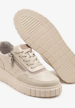 Beżowe Sneakersy z Naturalnej Skóry na Grubej Podeszwie z Suwakiem Soravelle