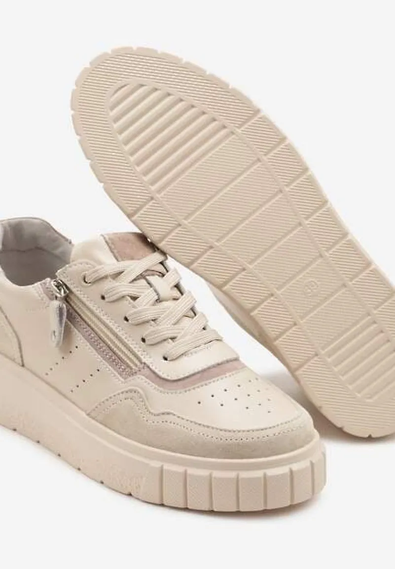 Beżowe Sneakersy z Naturalnej Skóry na Grubej Podeszwie z Suwakiem Soravelle