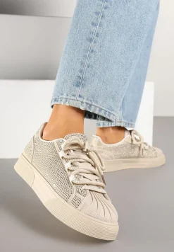 Beżowe Sneakersy z Ozdobnym Tłoczeniem i Cyrkoniami Dorreia