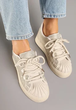 Beżowe Sneakersy z Ozdobnym Tłoczeniem i Cyrkoniami Dorreia