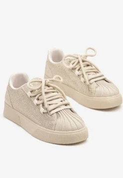 Beżowe Sneakersy z Ozdobnym Tłoczeniem i Cyrkoniami Dorreia
