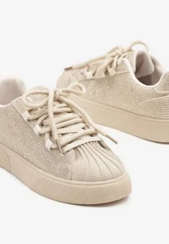 Beżowe Sneakersy z Ozdobnym Tłoczeniem i Cyrkoniami Dorreia