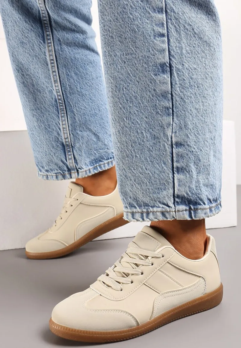 Beżowe Sneakersy z Ozdobnymi Przeszyciami przed Kostkę Redala