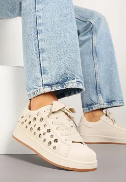 Beżowe Sneakersy z Ozdobnymi Nitami Feloriela