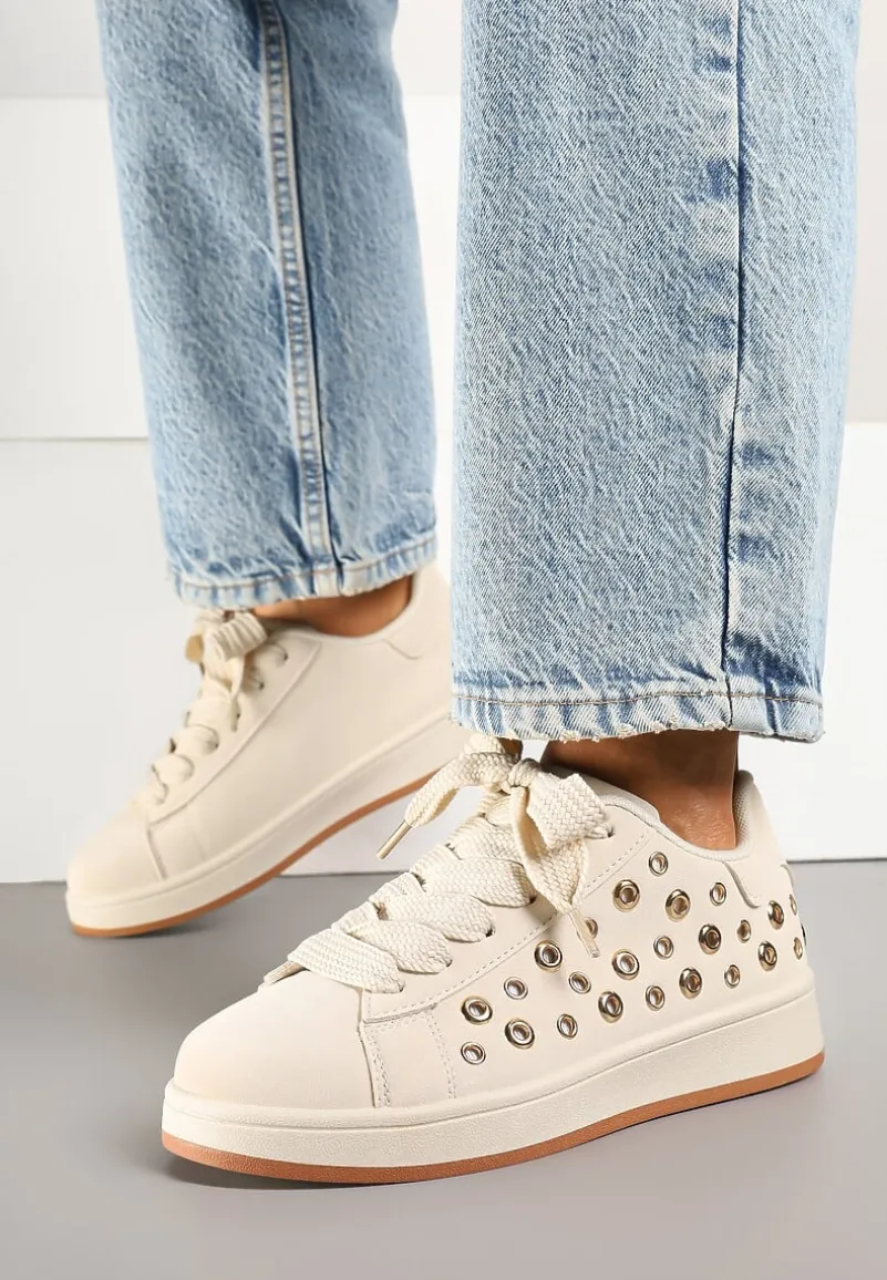 Beżowe Sneakersy z Ozdobnymi Nitami Feloriela