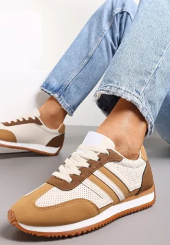 Beżowe Sneakersy z Perforacją i Wstawkami Alylena