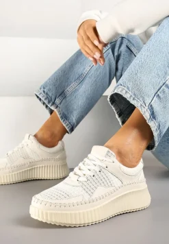 Beżowe Sneakersy z Przeszyciami i Skórzaną Wkładką na Grubej Podeszwie Daliren