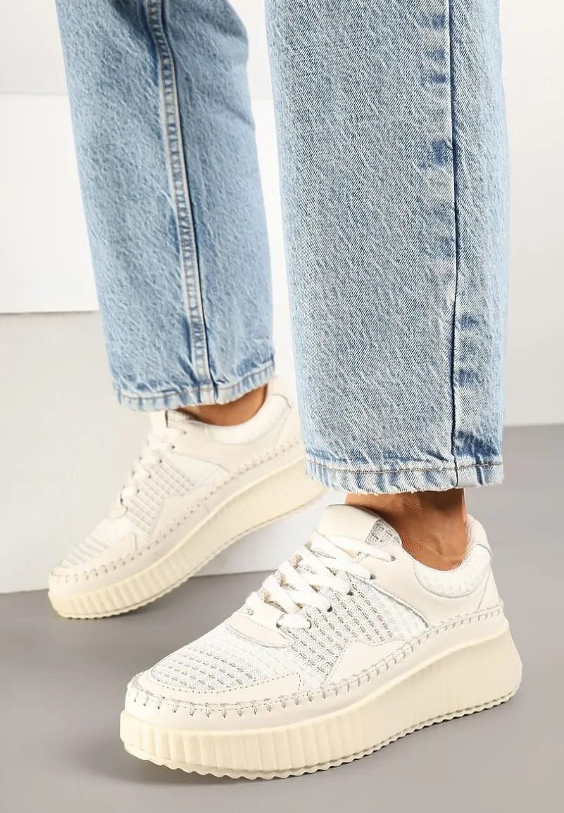 Beżowe Sneakersy z Przeszyciami i Skórzaną Wkładką na Grubej Podeszwie Daliren