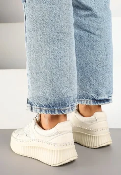 Beżowe Sneakersy z Przeszyciami i Skórzaną Wkładką na Grubej Podeszwie Daliren