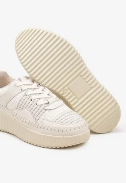 Beżowe Sneakersy z Przeszyciami i Skórzaną Wkładką na Grubej Podeszwie Daliren