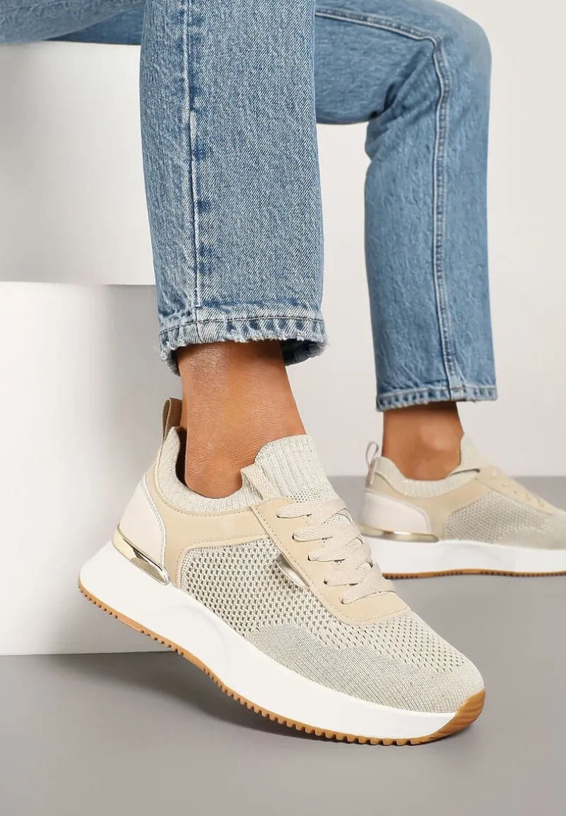 Beżowe Sneakersy z Siateczkową Cholewką Saramis