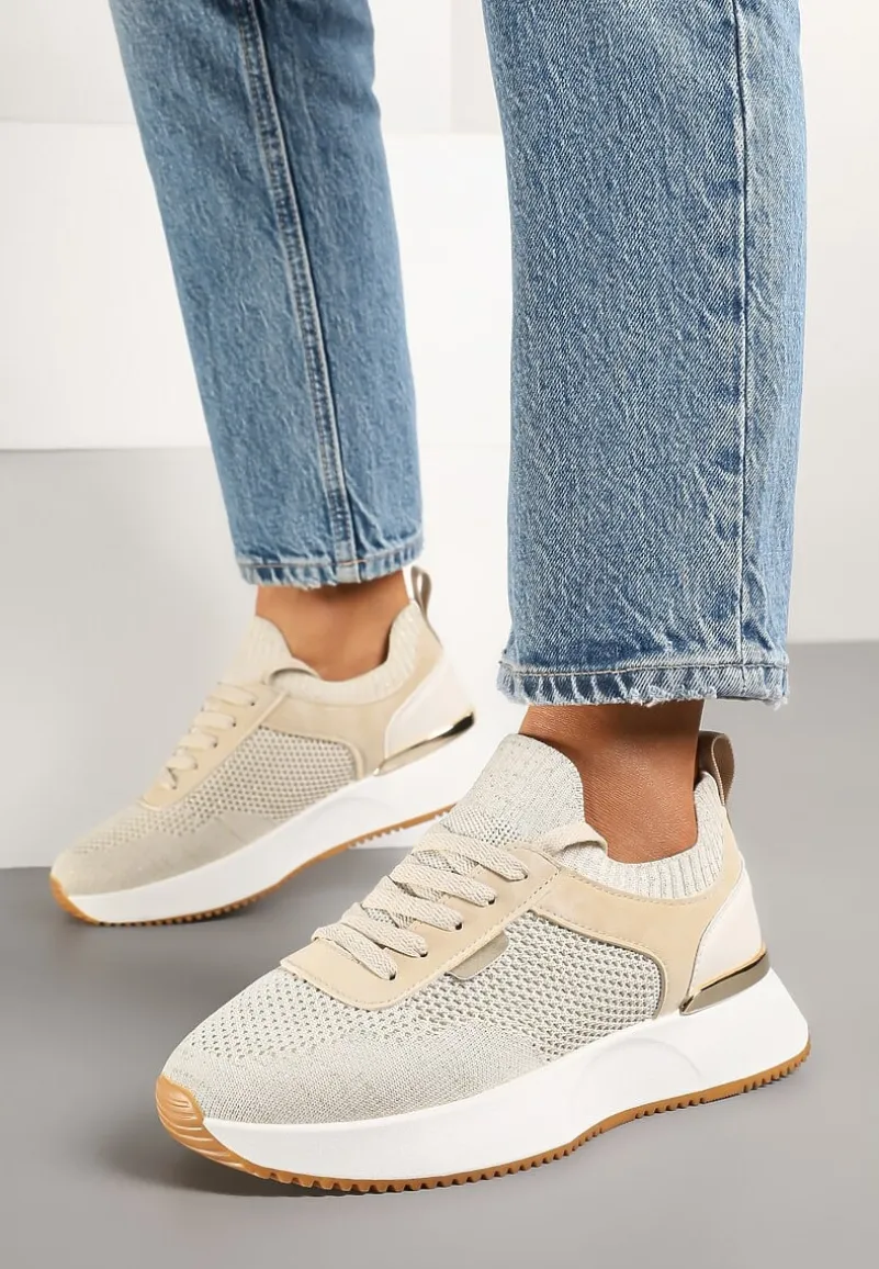 Beżowe Sneakersy z Siateczkową Cholewką Saramis