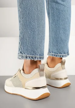 Beżowe Sneakersy z Siateczkową Cholewką Saramis