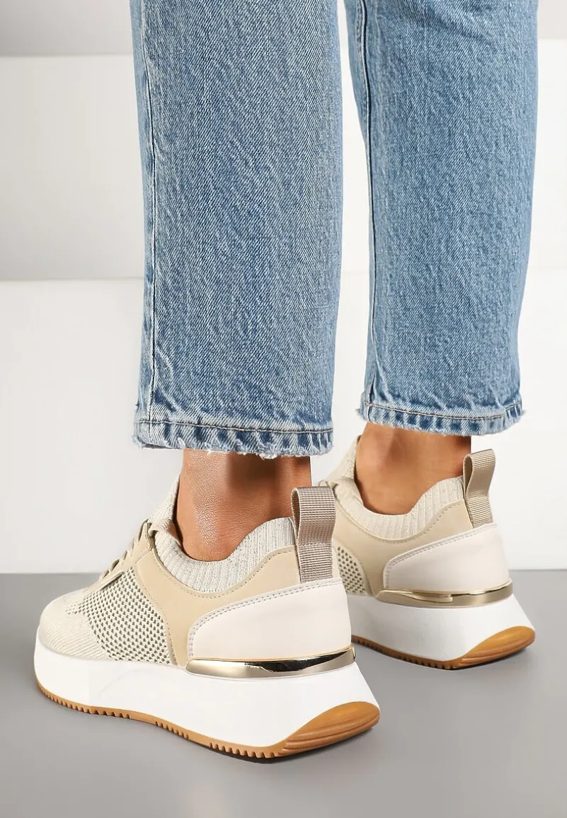 Beżowe Sneakersy z Siateczkową Cholewką Saramis