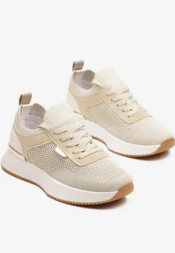 Beżowe Sneakersy z Siateczkową Cholewką Saramis