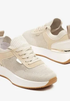Beżowe Sneakersy z Siateczkową Cholewką Saramis
