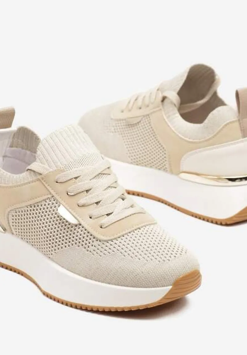 Beżowe Sneakersy z Siateczkową Cholewką Saramis