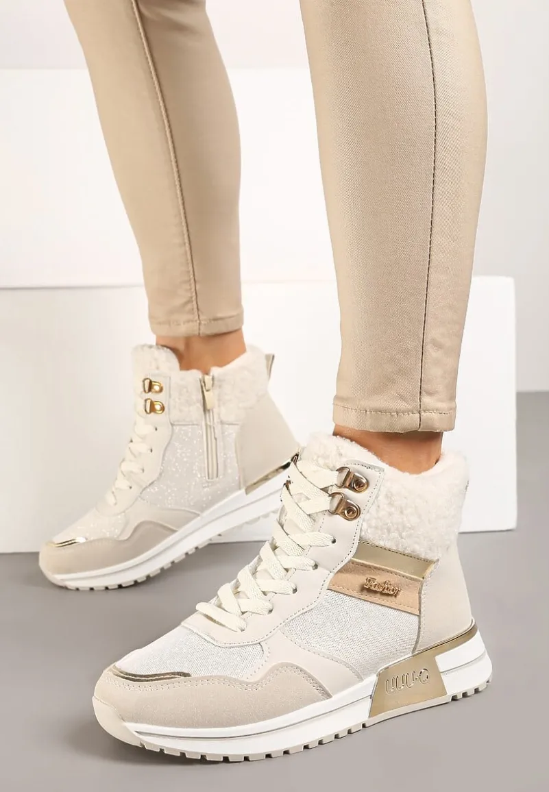 Beżowe Sneakersy Zdobione Metaliczną Aplikacją Brokatem i Futrem Saliriel