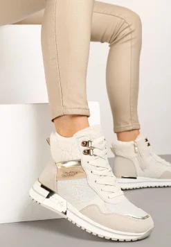 Beżowe Sneakersy Zdobione Metaliczną Aplikacją Brokatem i Futrem Saliriel