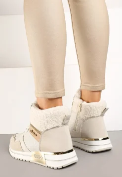 Beżowe Sneakersy Zdobione Metaliczną Aplikacją Brokatem i Futrem Saliriel