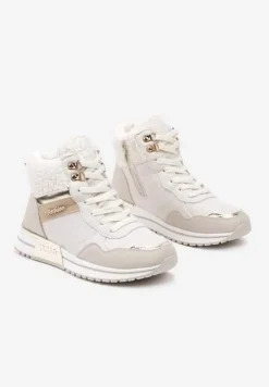 Beżowe Sneakersy Zdobione Metaliczną Aplikacją Brokatem i Futrem Saliriel