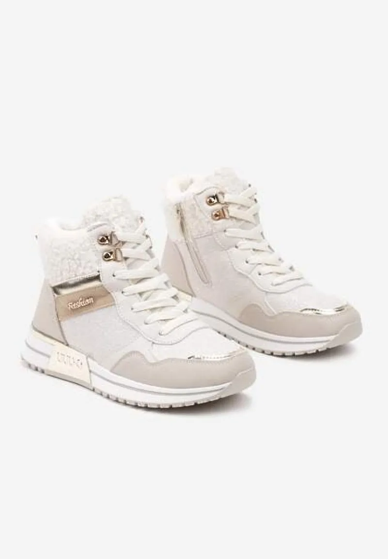 Beżowe Sneakersy Zdobione Metaliczną Aplikacją Brokatem i Futrem Saliriel