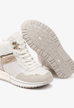 Beżowe Sneakersy Zdobione Metaliczną Aplikacją Brokatem i Futrem Saliriel