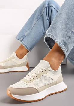 Beżowe Sneakersy ze Skarpetkową Cholewką i Ozdobnym Sznurowaniem na Grubej Podeszwie Pirtia