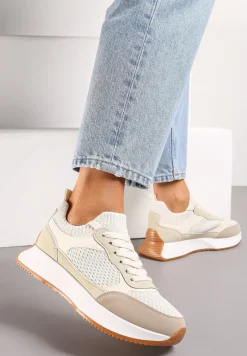 Beżowe Sneakersy ze Skarpetkową Cholewką i Ozdobnym Sznurowaniem na Grubej Podeszwie Pirtia