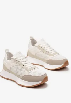 Beżowe Sneakersy ze Skarpetkową Cholewką i Ozdobnym Sznurowaniem na Grubej Podeszwie Pirtia