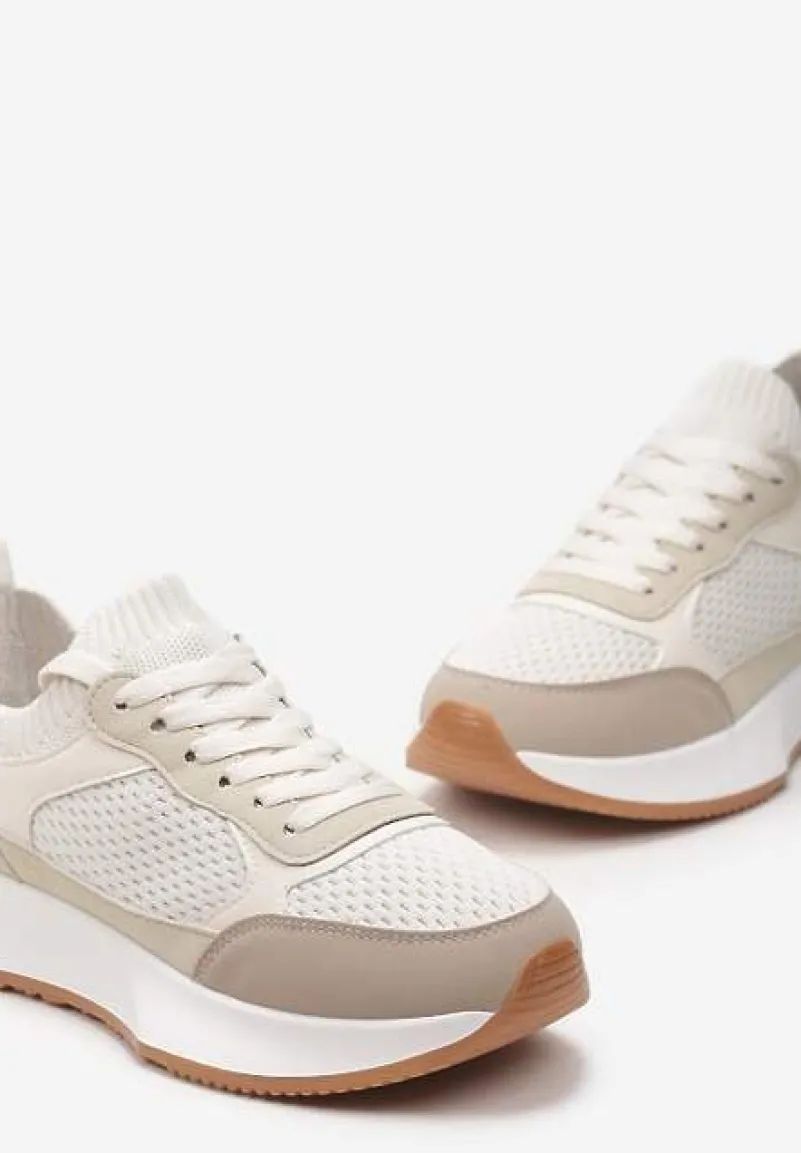 Beżowe Sneakersy ze Skarpetkową Cholewką i Ozdobnym Sznurowaniem na Grubej Podeszwie Pirtia