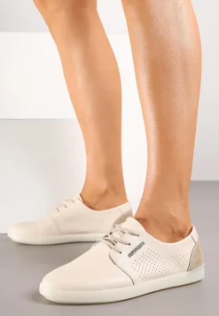 Beżowe Sneakersy ze Skóry Naturalnej z Perforacją Dolianea