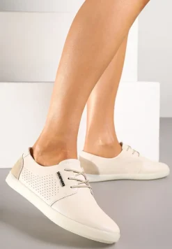Beżowe Sneakersy ze Skóry Naturalnej z Perforacją Dolianea