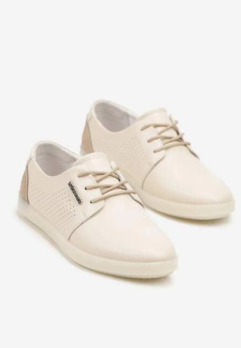 Beżowe Sneakersy ze Skóry Naturalnej z Perforacją Dolianea