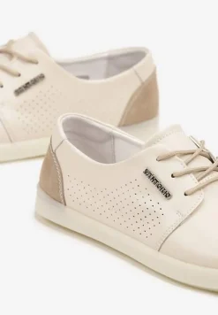 Beżowe Sneakersy ze Skóry Naturalnej z Perforacją Dolianea