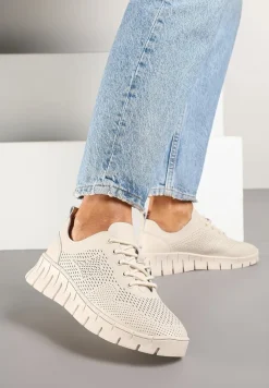 Beżowe Sneakersy ze Skóry Naturalnej ze Skórzaną Wkładką i Perforacją Nolzedis