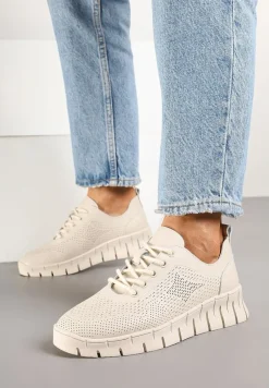Beżowe Sneakersy ze Skóry Naturalnej ze Skórzaną Wkładką i Perforacją Nolzedis