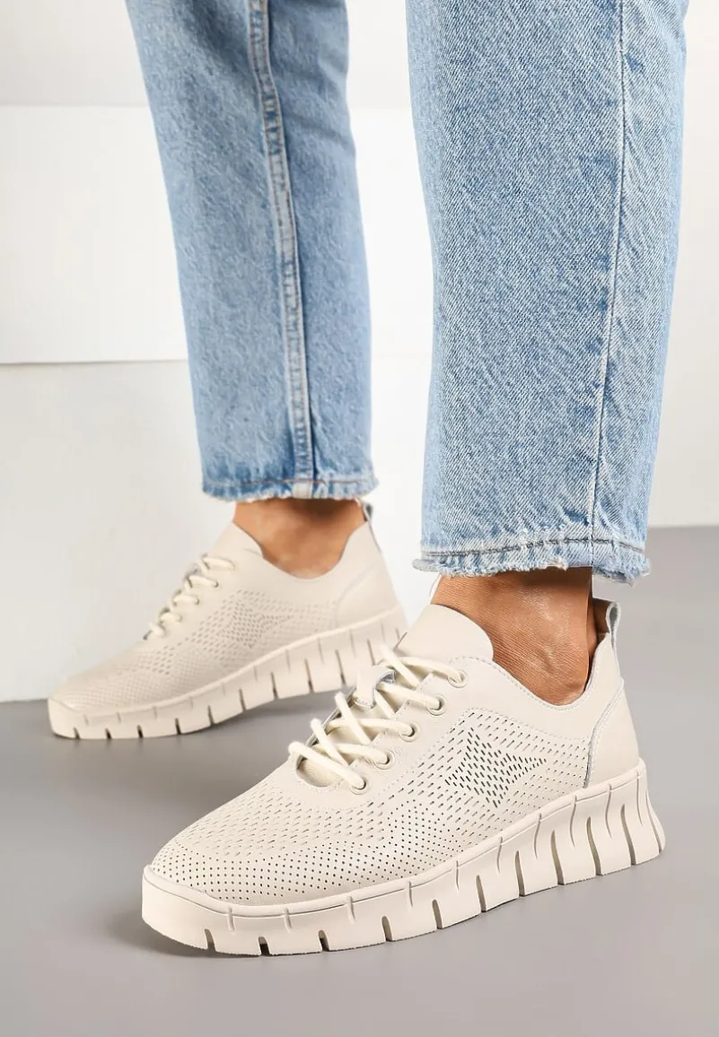 Beżowe Sneakersy ze Skóry Naturalnej ze Skórzaną Wkładką i Perforacją Nolzedis